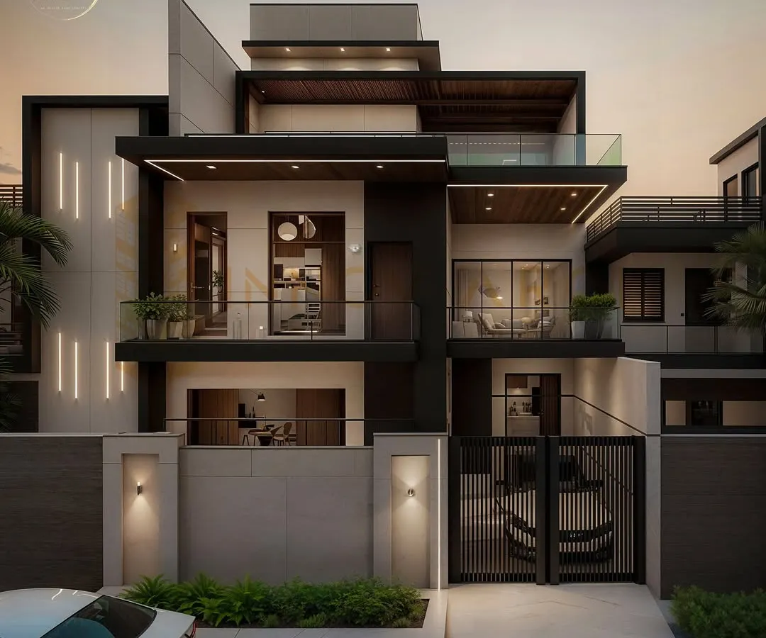 A preview of our upcoming modern luxury villa in Gwalior. This design emphasizes clean lines, a bold contrast of black and white materials, and large glass windows to create a sense of open, light-filled living. The strategic use of wood accents and integrated lighting adds warmth and sophistication.