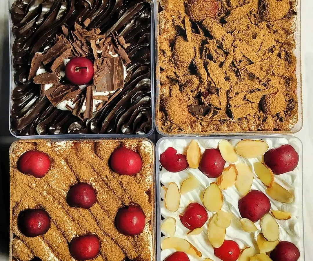 I'm currently obsessed with all things cherry. Here is my new collection of Cherry Dessert Tubs, featuring four unique creations: Chocolate Cherry Cheesecake, Black Forest Tres Leches, Cherry Almond Tiramisu, and Cherry Almond Tres Leches.