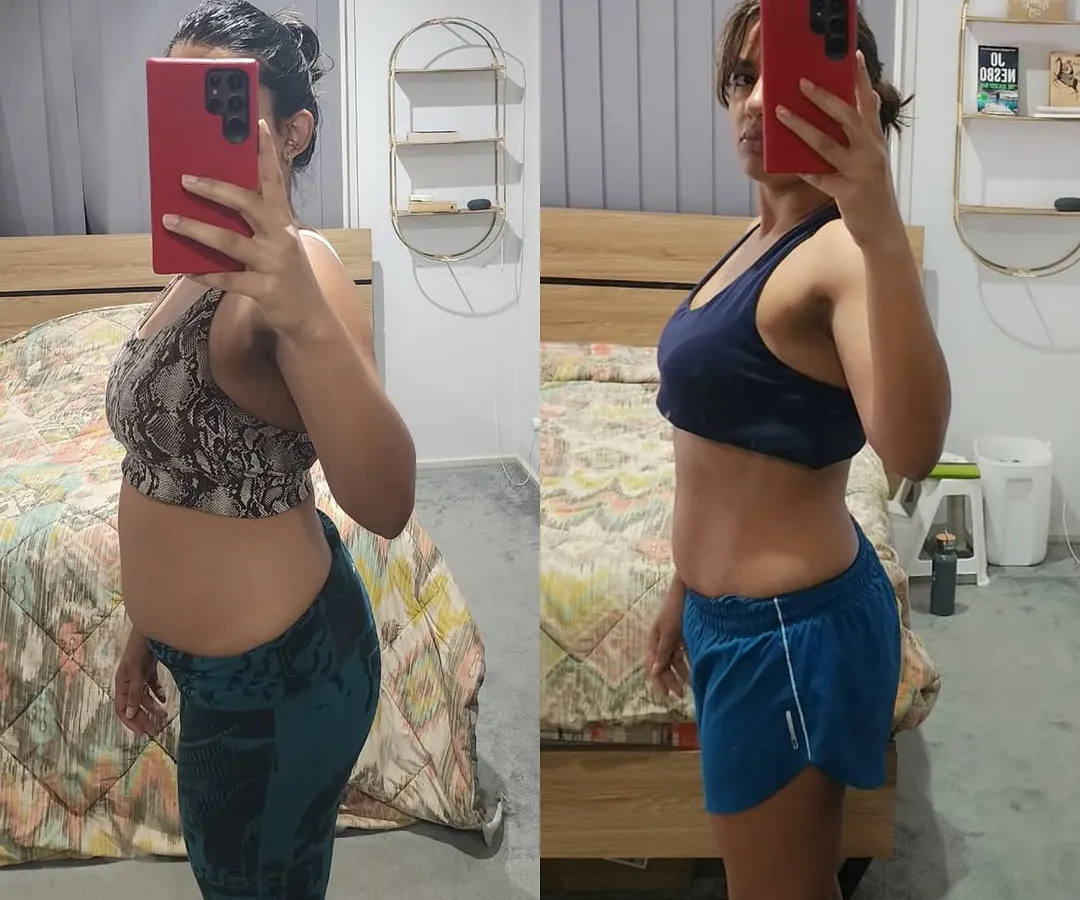 Here's a side view of Shreya's progress, showing a significant reduction in body fat and improved posture. Her goal was to build upper body and core strength for trapeze, and we did it by focusing on progressive overload with weights at home.
