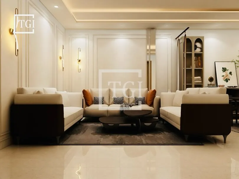 A glimpse into our design process with a 3D visualization for a New Delhi residence. We create photorealistic renders of the living and dining space, allowing clients to see the elegant paneling, modern furniture, and ambient lighting before any work begins.