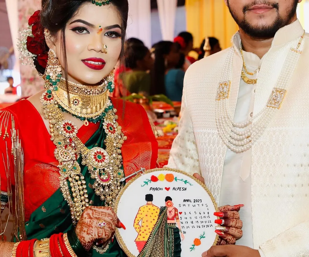 Here are the happy clients, Prachi and Alpesh, with their custom embroidery hoop on their wedding day! Seeing the joy my work brings to people is the best part of what I do. This makes for a perfect, personal wedding or anniversary gift.
