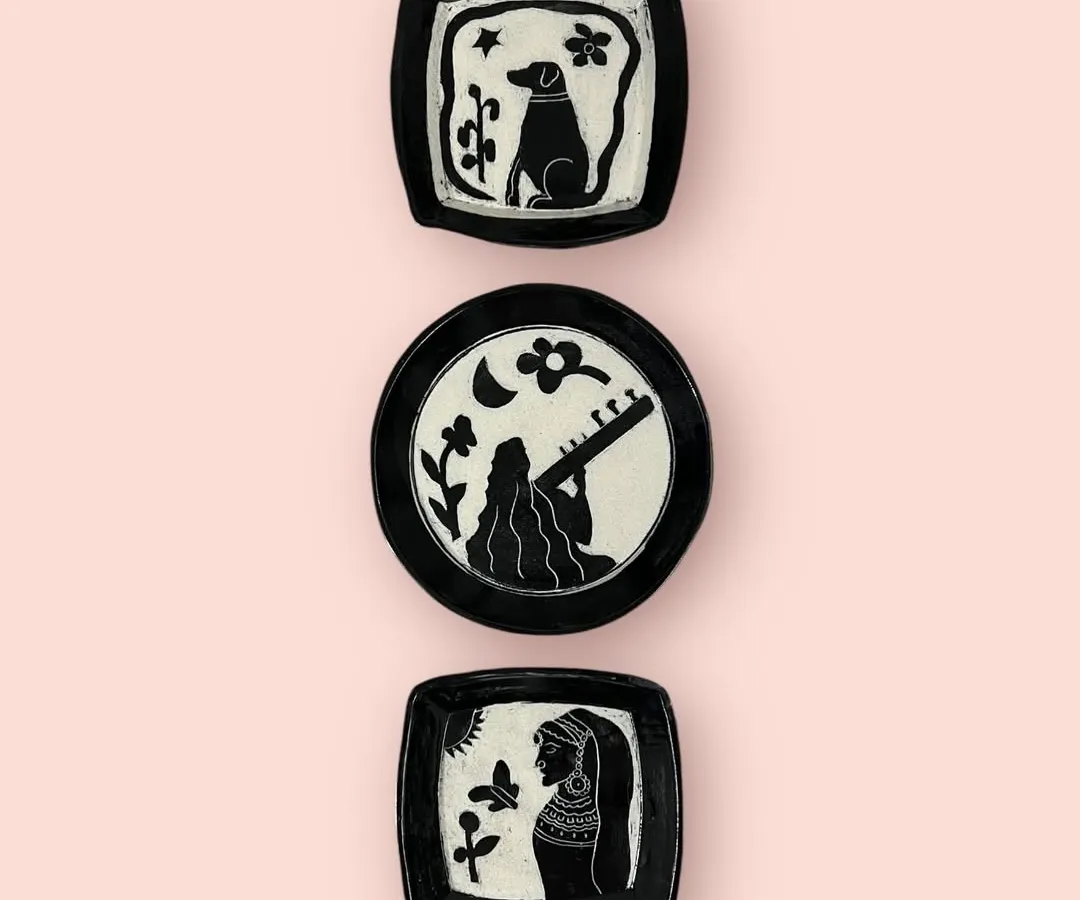 A set of three custom wall plates, each telling a part of a personal story. This commission celebrated a passion for music, acting, and the love for a dog named Scotch. Collaborating on such meaningful pieces is one of the most rewarding parts of my craft.