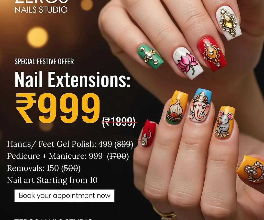 We love celebrating with you. This set was created for Ganesh Chaturthi, featuring intricate, hand-painted motifs of Lord Ganesha, a lotus, and modaks. We often run special festive offers, so you can get premium nail art for any occasion.