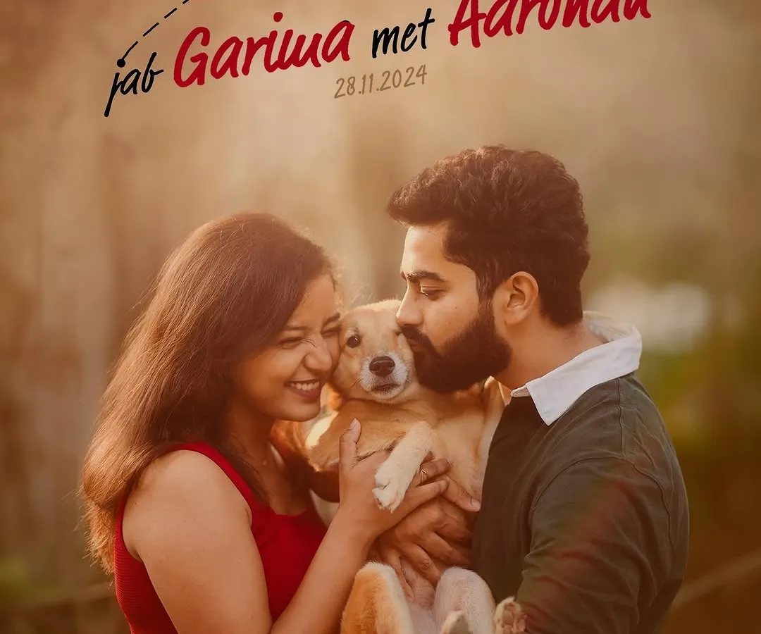 This is the kind of storytelling I love for pre-wedding films. We created a movie-style poster, "Jab Garima met Aarohan," to capture the unique story of a couple, complete with their furry friend, making it a truly personal and memorable keepsake.