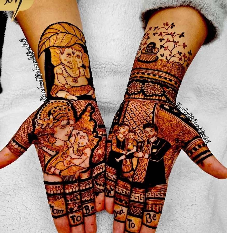 Mehndi is not just for weddings. I create special, personal designs for every big moment in your life, like this baby shower mehndi celebrating the mom and dad to be, with blessings from Lord Ganesha.