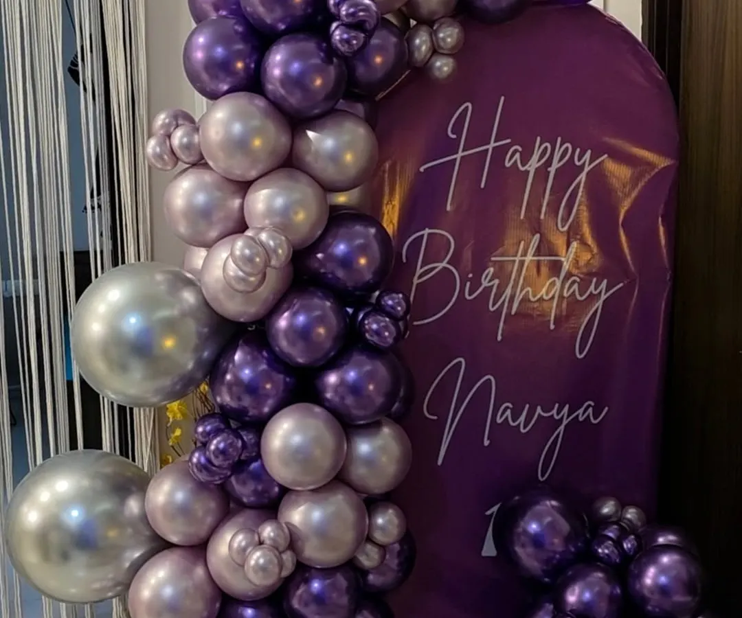 For a sophisticated and modern birthday celebration, I designed this arch with chrome purple, pastel, and silver balloons. The custom arched backdrop with elegant script adds a personalized touch, perfect for creating a stylish photo corner.
