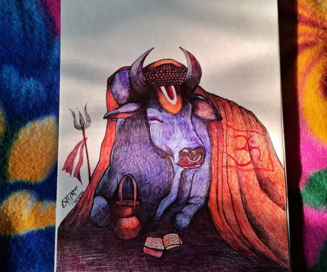 This is my detailed pen sketch of Nandi Maharaj, the sacred bull and devotee of Lord Shiva. I spent a lot of time on the colors and fine lines to capture a sense of peace and devotion. This kind of spiritual art is a very important part of my practice.