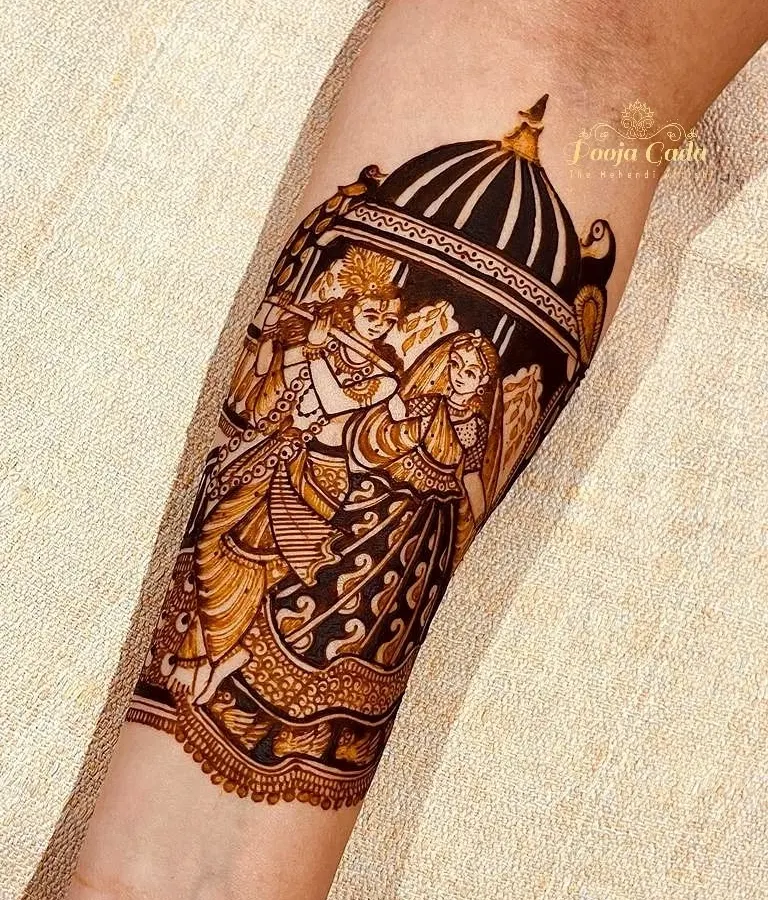 The divine love of Radha and Krishna, captured in intricate detail. I specialize in creating spiritual and portrait mehendi, bringing a sense of sacred artistry to your bridal henna. Each figure is drawn with immense care to reflect the emotion and beauty of the story being told.