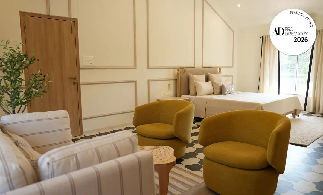 In this Alibaug villa, the master bedroom is a sanctuary of calm. I used a palette of soft neutrals and earthy textures, accented by pops of mustard yellow, to create a space that feels both expansive and deeply restful, a true escape from the city.