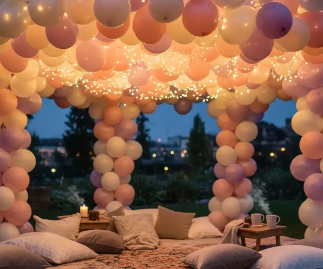 I create magical and intimate spaces perfect for a Mehndi night or a cozy pre-wedding function. This balloon canopy, woven with warm fairy lights, provides a dreamy, mandap-style seating area for an unforgettable evening outdoors.