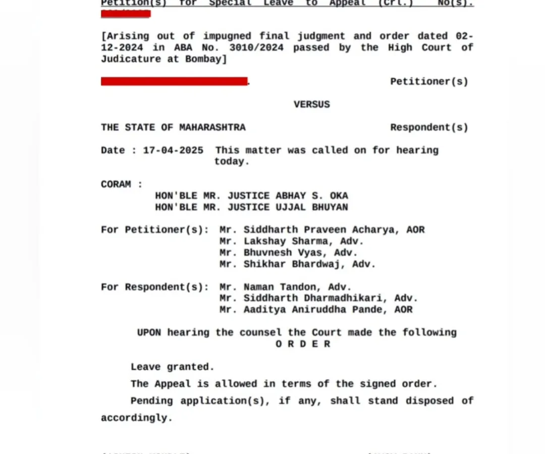The successful outcome of our Special Leave Petition. The Supreme Court granted leave and allowed our appeal, providing crucial relief for our client in an anticipatory bail matter originating from the Bombay High Court.