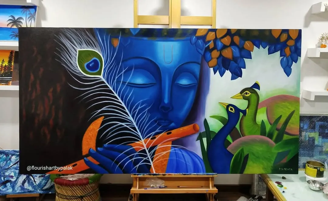This large Krishna painting is one of my favorites, created to be a magical centerpiece. I love working on expansive canvases, using vibrant blues and intricate details like the peacock feather to bring a sense of divine peace to a space.