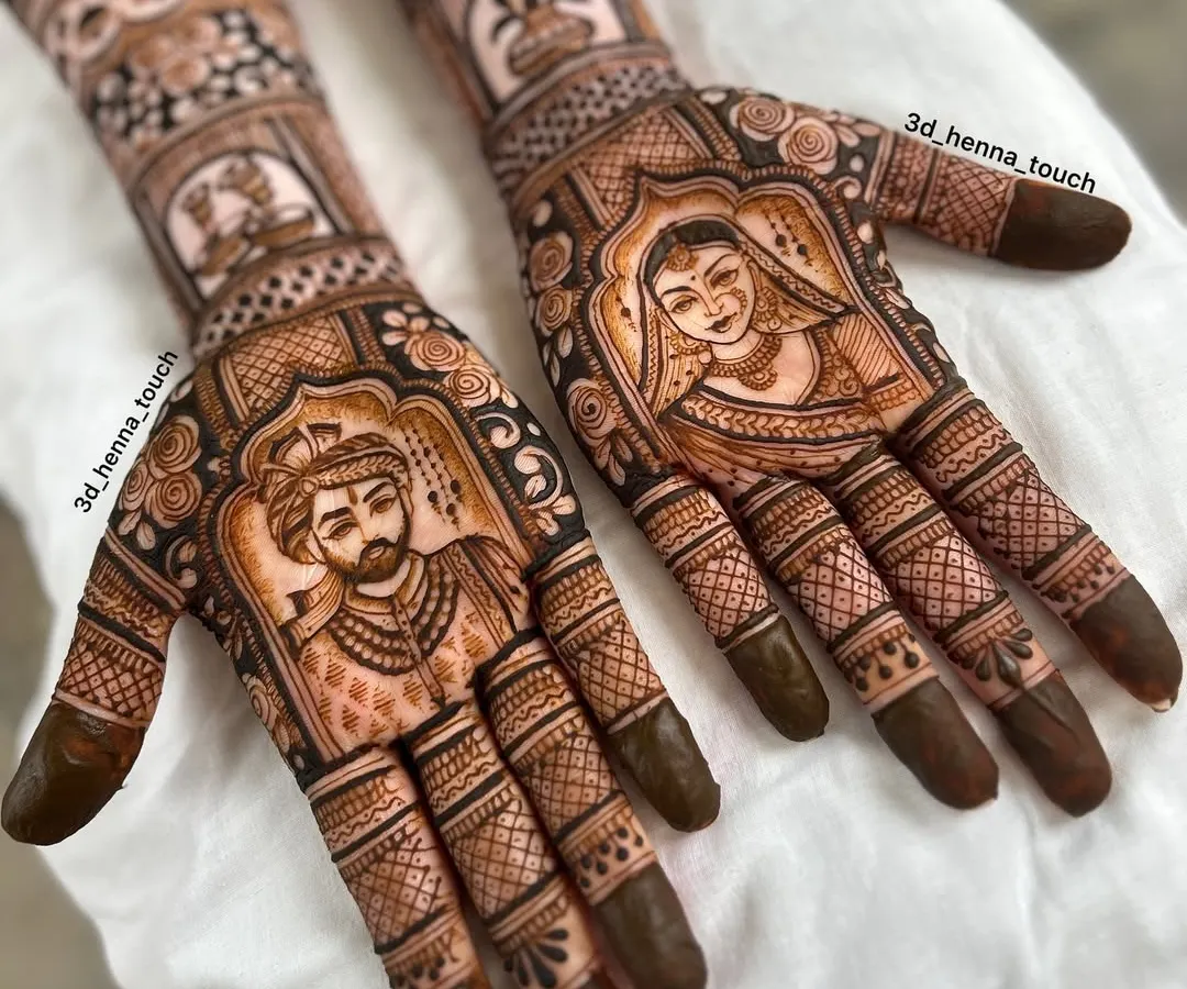 A complete bridal set featuring detailed portraits of the couple. You'll learn how to capture likeness and emotion in henna, making your bridal work truly personal and unforgettable.