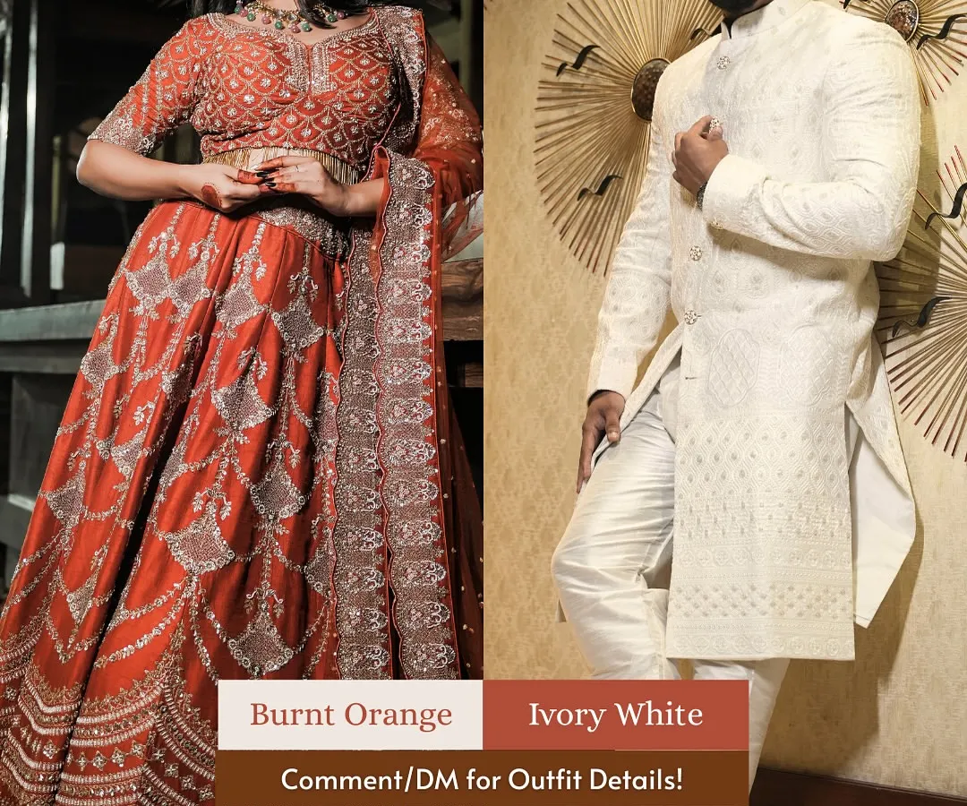 This is the vibe for 2025 couples. I love seeing partners coordinate their looks, like this stunning burnt orange lehenga and ivory white sherwani. It’s all about creating that picture-perfect moment together.