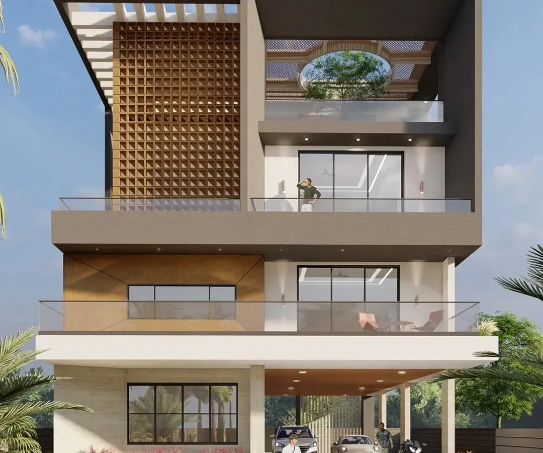 This is the 3D render for a 15,000 sq. ft. modern bungalow in Ulwe. The design focuses on a bold facade, featuring a prominent jaali screen that provides both privacy and a unique aesthetic. The structure is designed to maximize natural light and create a seamless connection between indoor and outdoor spaces.