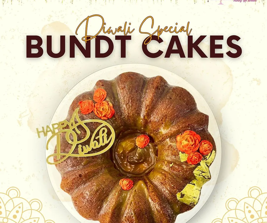 My Diwali Special Bundt cake is a true centerpiece. This one is decorated with a "Happy Diwali" topper, delicate sugar flowers, and a touch of edible gold varq for that festive sparkle.
