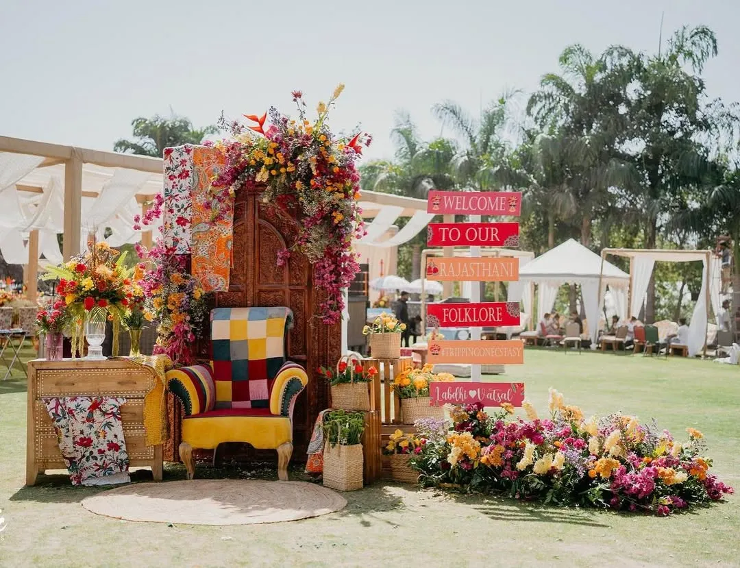 I love creating spaces that are bursting with life and personality. This vibrant photo-op for a Rajasthani Folklore themed Mehendi was all about color, texture, and fun, giving guests a perfect spot to make memories.