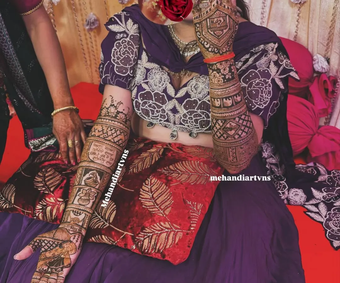 For this bride, we designed full-arm mehandi that tells her story through different panels, combining traditional motifs with personal moments. This is a perfect example of narrative bridal henna.