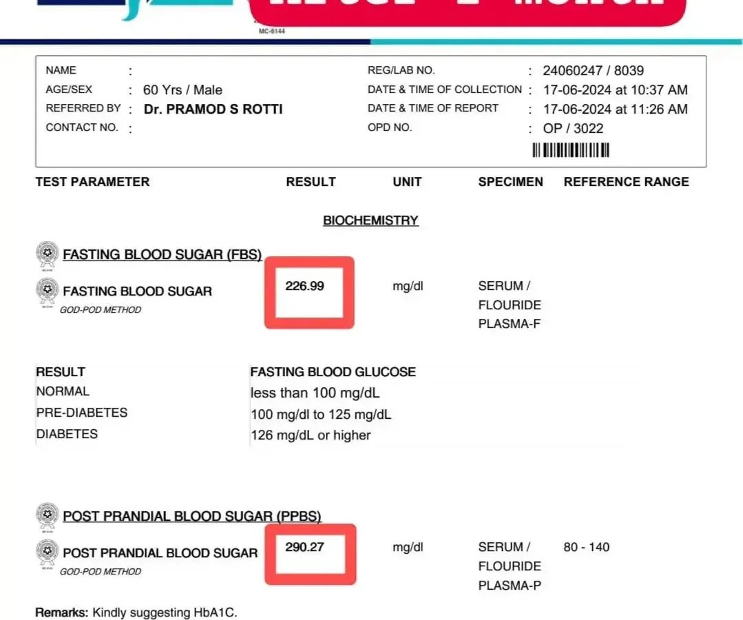 This is a lab report from a 60-year-old patient who came to me with severe diabetic symptoms. After just one month of a personalized Ayurvedic plan, his fasting and post-meal blood sugar levels showed significant improvement, demonstrating how we can manage chronic metabolic disorders effectively.