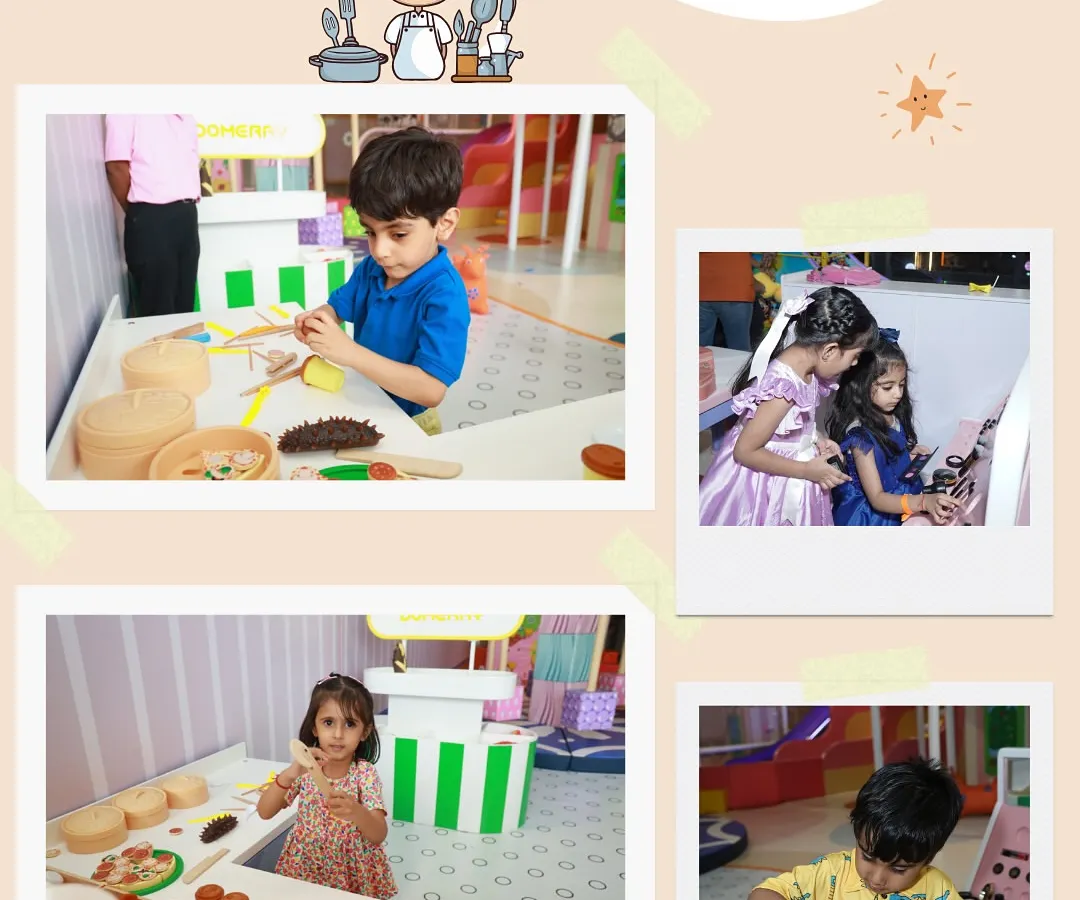 Our Pretend & Play zones are a world of imagination waiting to be explored. This collage shows little ones becoming chefs, makeup artists, and builders, all in one fun-filled space.