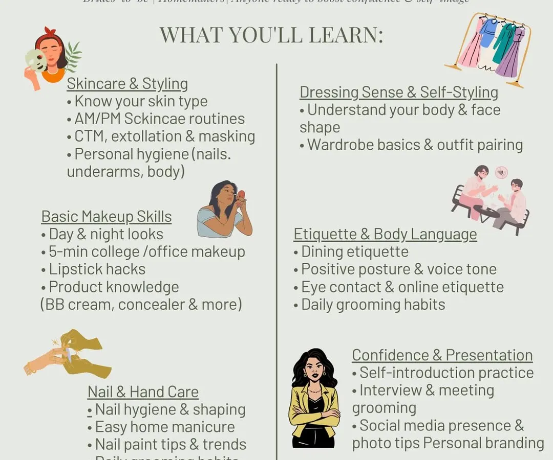 Here is a complete overview of what you will learn in my Personal and Self Grooming Workshop. I cover everything from practical skincare and 5-minute daily makeup to body language and dressing for your body shape, ensuring you leave with confidence and a full set of skills.
