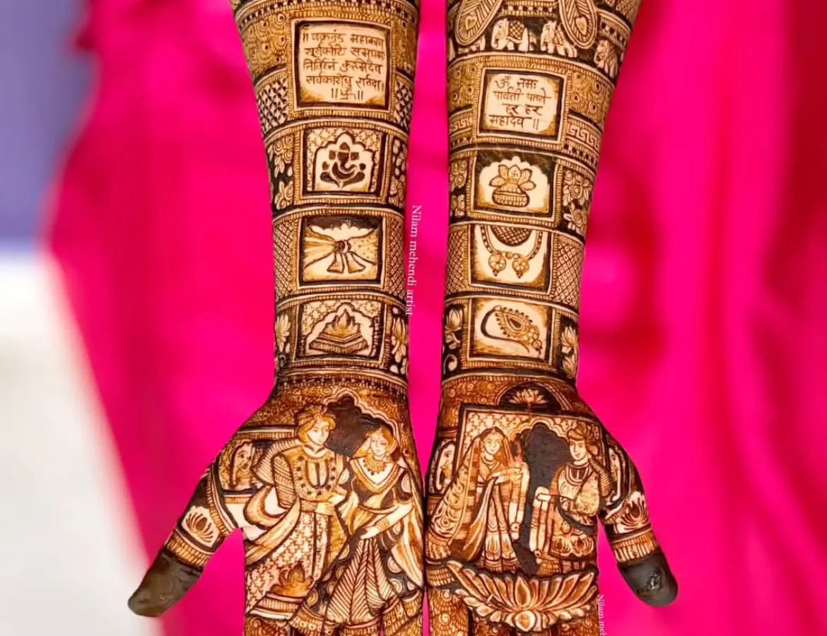 I designed this unique bridal mehndi with separate panels, each telling a part of the wedding story. It features detailed portraits of the bride and groom, auspicious symbols like Lord Ganesha, and important wedding rituals, all framed with incredible precision.