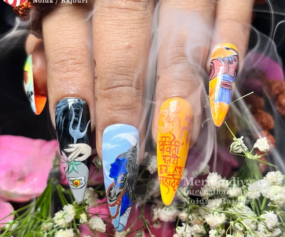 Learn to create culturally rich and detailed nail art that clients love. This Shiv-themed set shows the fusion of devotion and high-fashion nail design, a unique skill we teach in our festival-inspired workshops.