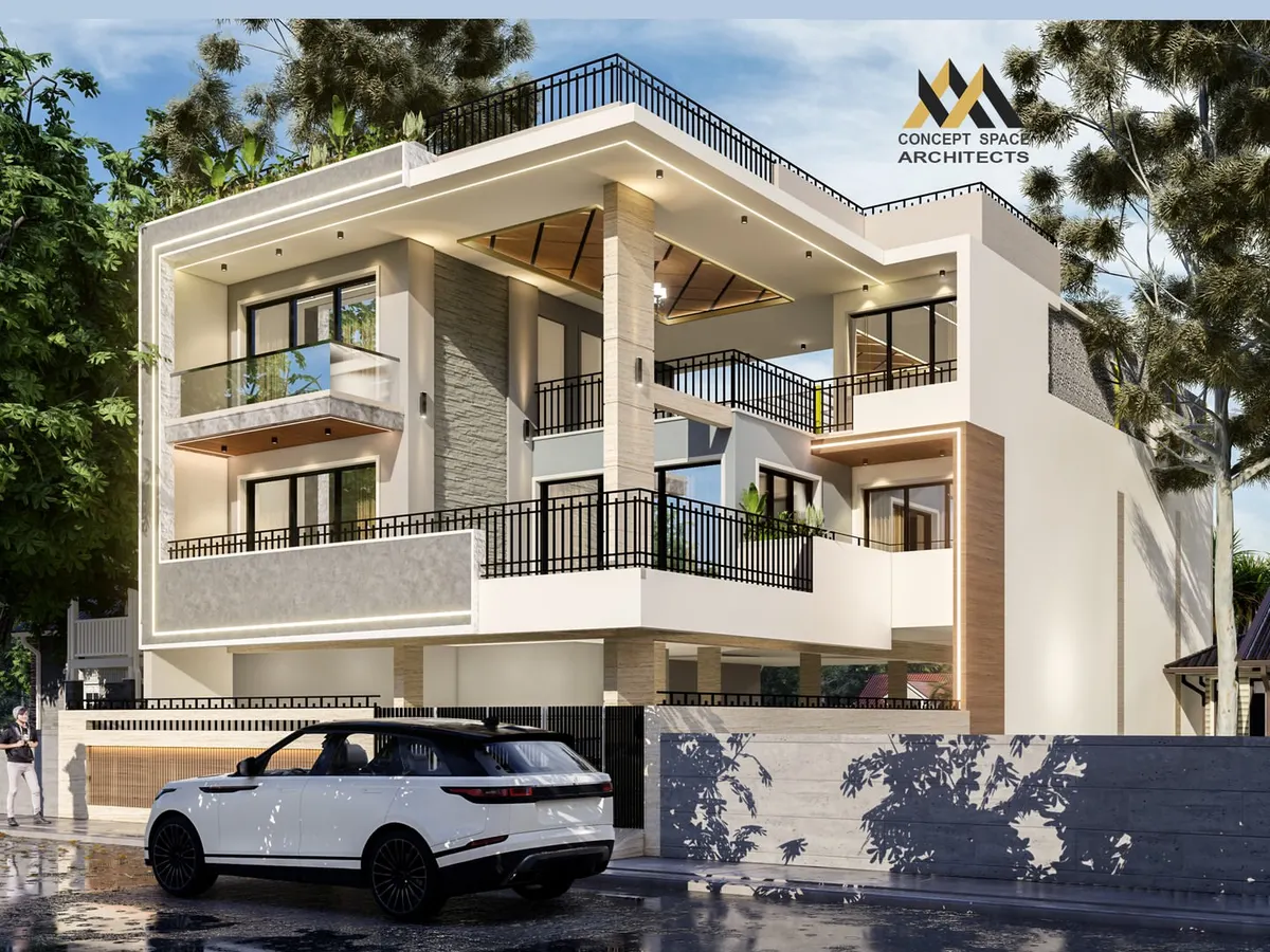 We designed this minimal and aesthetic home for a joint family in Greater Noida. The final 3D render shows the interplay of levels and open spaces, complete with a terrace garden and modern luxuries, exactly as the client envisioned.