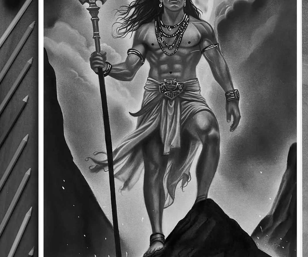 A powerful depiction of Mahadev, created using graphite and charcoal. This piece captures the dynamic energy of Lord Shiva, standing strong with his Trishul against a moonlit sky.