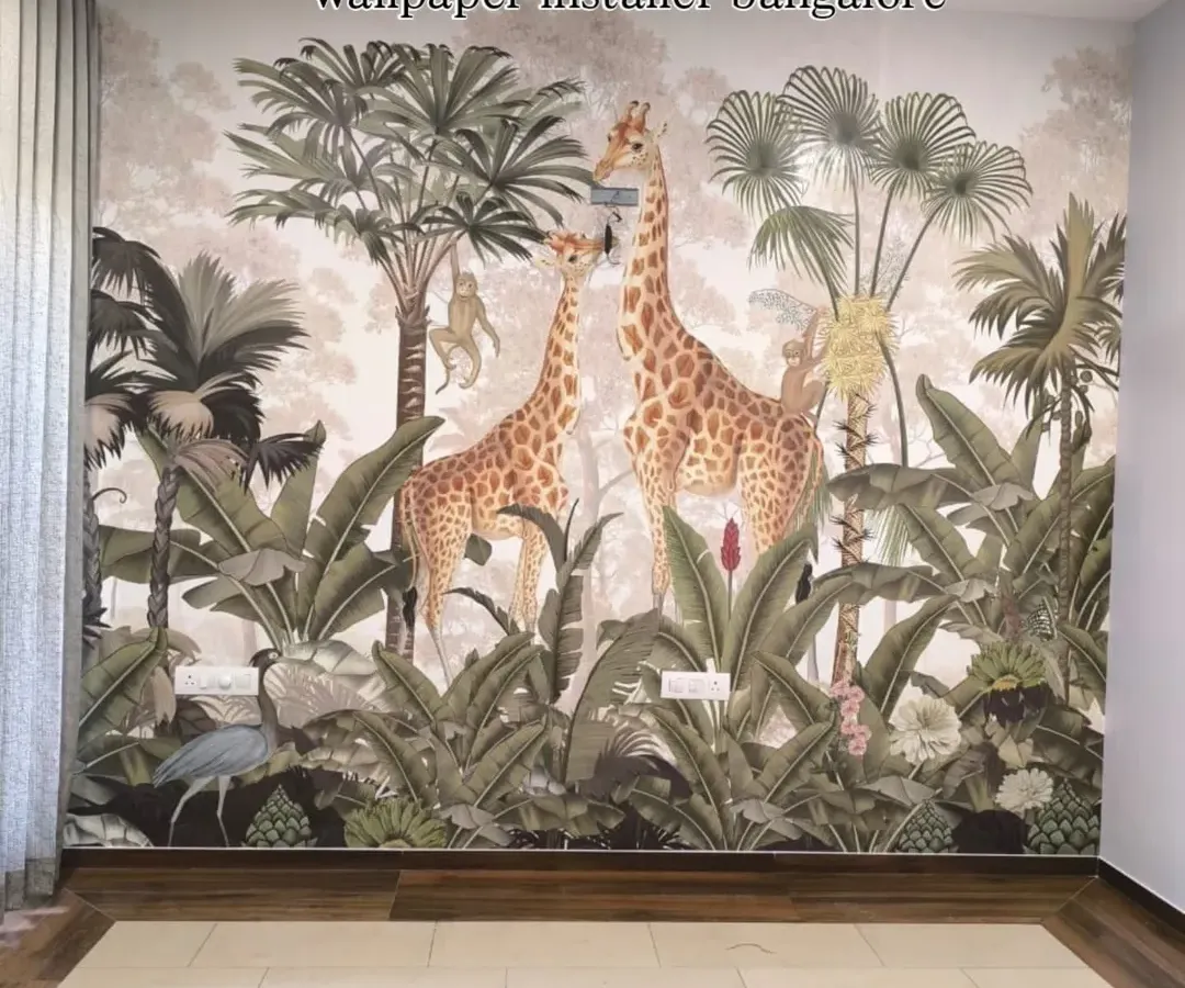 This is a custom jungle mural for a child's room, featuring two large giraffes and other animals. I focus on perfect alignment to make sure large, detailed scenes like this look like a single piece of art.