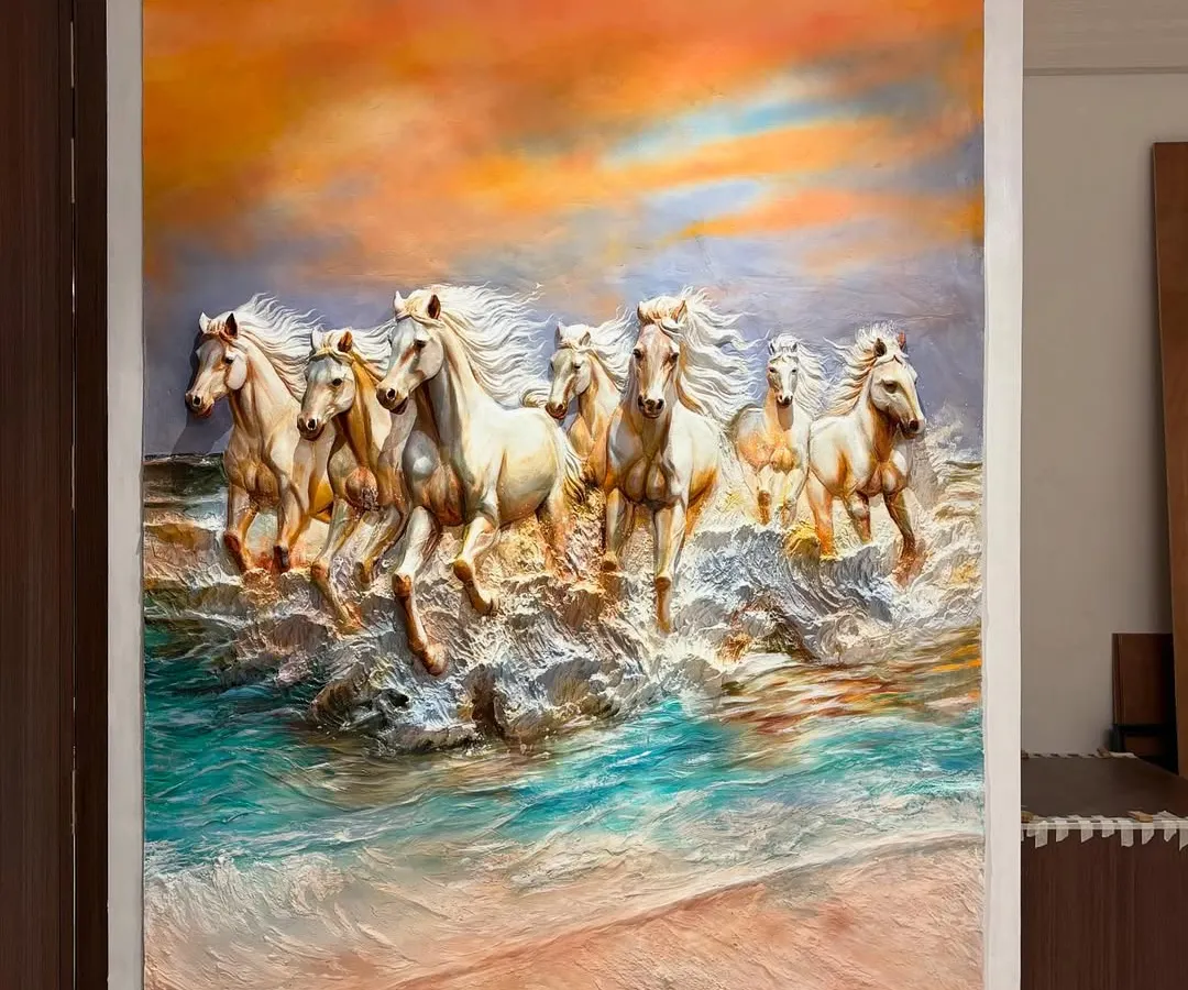 A vibrant 3D mural of the 7 running horses, a piece that brings energy and movement to any room. I used a rich color palette with a fiery sunset sky and turquoise waves to create a dynamic scene. This Vastu-approved artwork is sculpted in fiber for a lightweight yet durable finish.