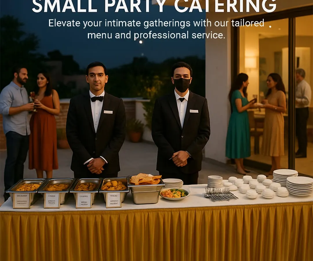 I specialize in turning small gatherings into elegant, memorable events. Here, my professional servers are ready for a terrace party, showcasing a clean setup with chafing dishes and pristine crockery, ensuring your intimate event feels premium.