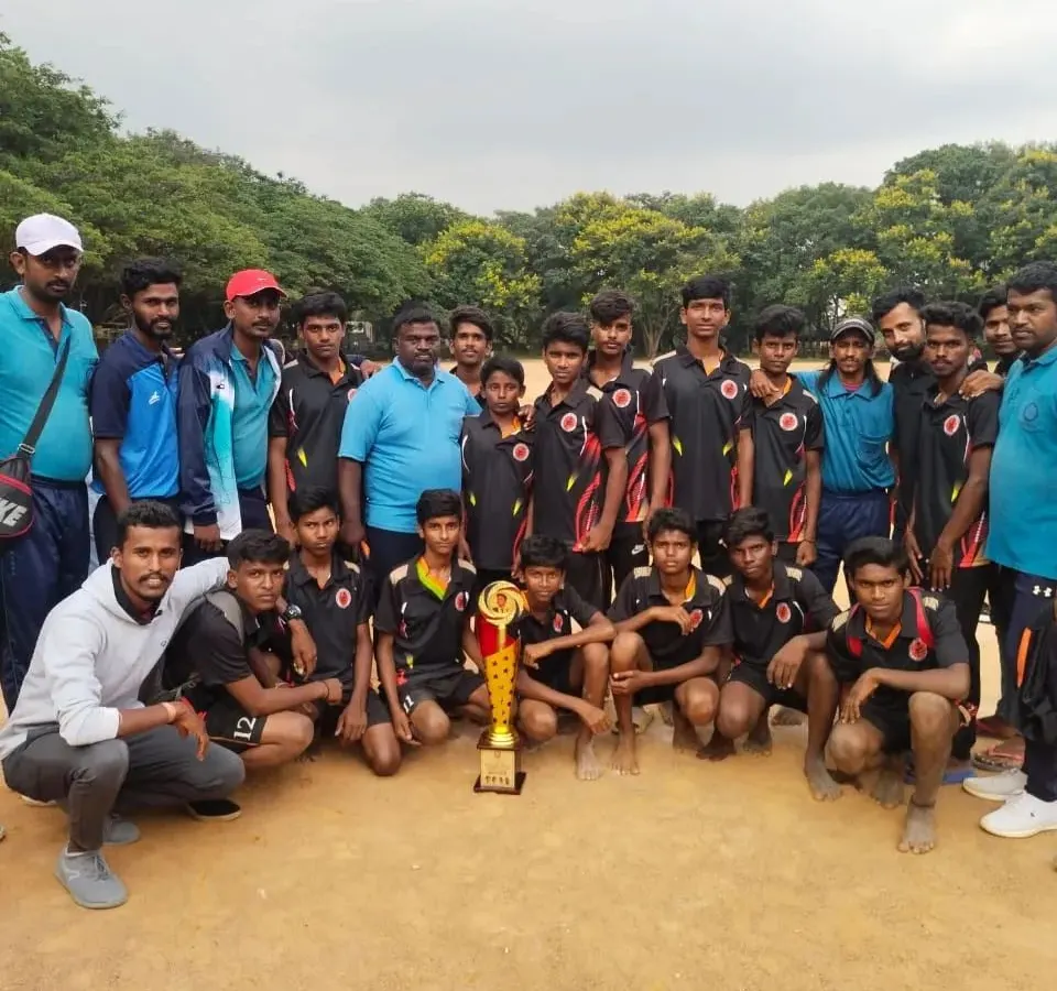 This is the result of teamwork and dedication. Our Under 17 boys team with their coaches, celebrating a big win at the taluk-level Kho-Kho tournament. We train our players to be champions.