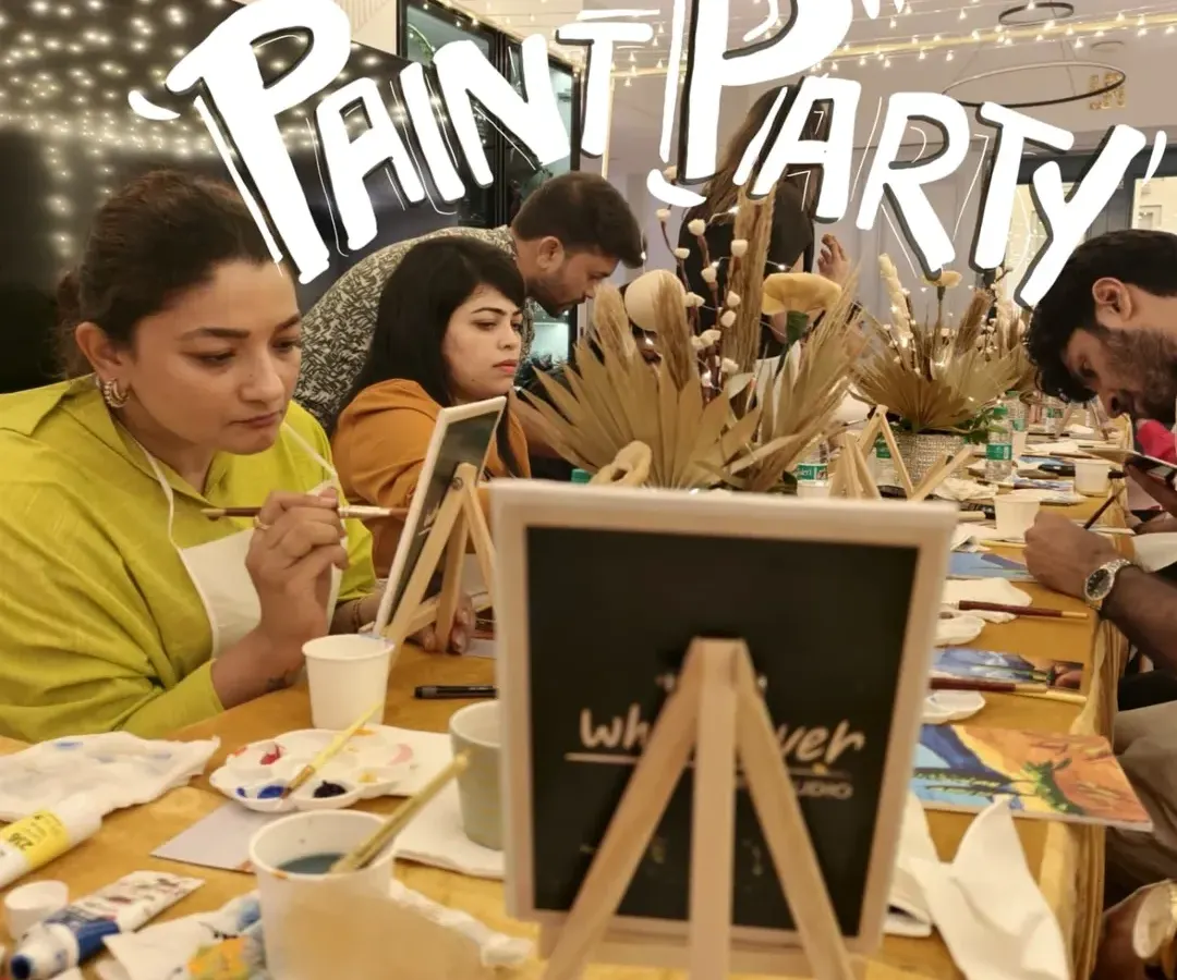 Welcome to one of our paint parties. We love seeing guests completely absorbed in their art, laughing and creating side by side. This is what it's all about: a fun, social, and creative group activity for everyone.