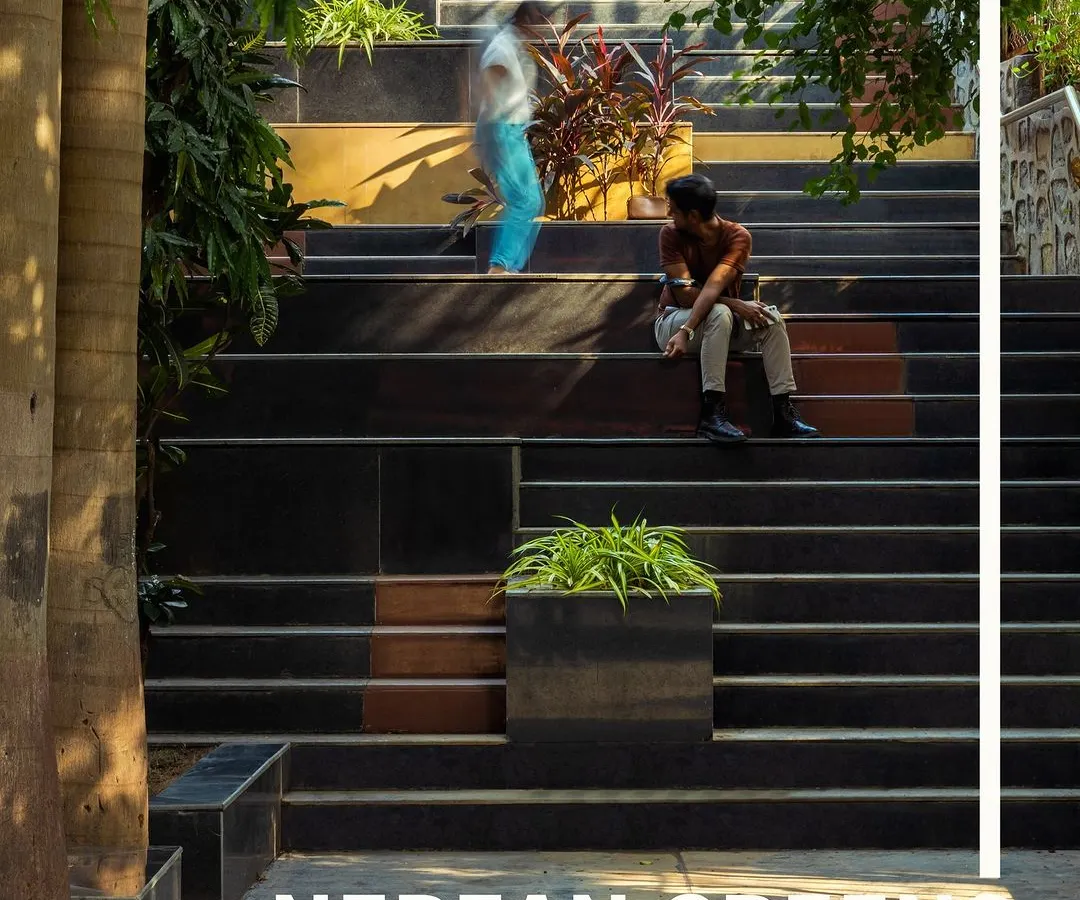At Nepean Greens in Mumbai, we transformed a neglected staircase and garden into a lush, multi-level public plaza. This view captures the dynamic interplay of steps, platforms, and greenery, creating a tranquil escape and a vital pedestrian link within the dense urban fabric.