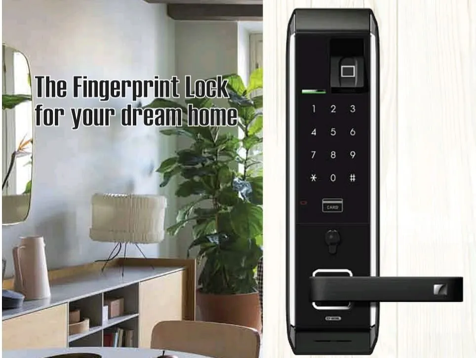Here is a look at how our sleek, modern fingerprint lock can elevate your home's entrance. This digital lock with a handle combines high-end security with a sophisticated design, fitting perfectly into the aesthetic of a contemporary dream home.