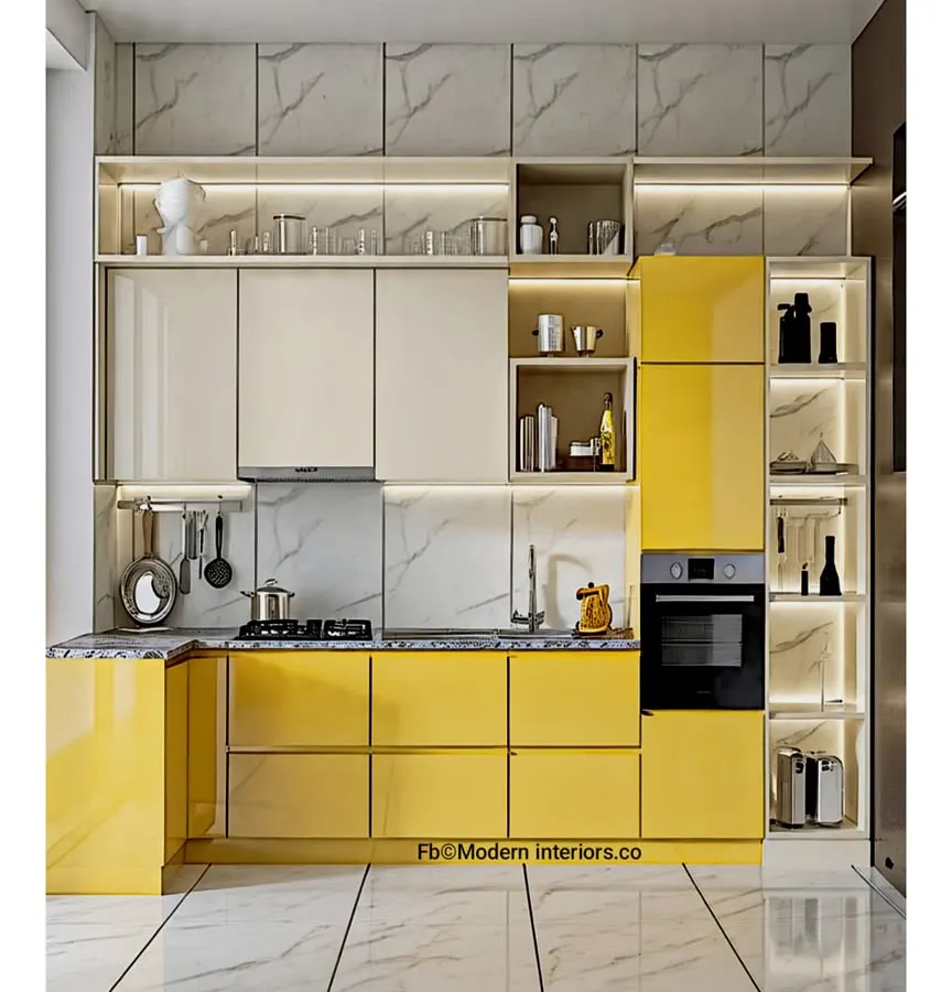 I believe kitchens should be happy spaces, and this design is all about sunshine. I used high-gloss yellow laminate for a bold, cheerful look, paired with white overhead cabinets to keep it feeling bright and airy. This compact modular kitchen is factory-finished, ensuring a perfect fit and quick, clean installation.