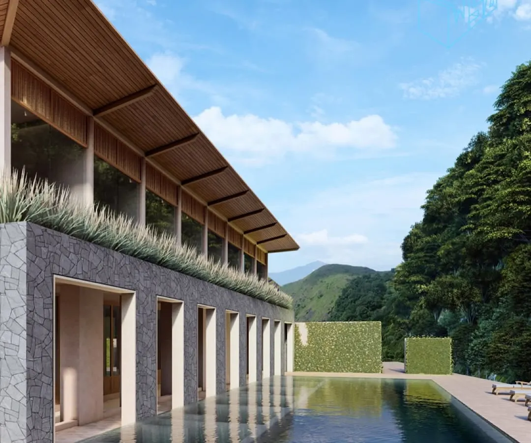 For this resort in the Himalayan foothills, I designed a space where architecture and nature merge. The infinity pool reflects the surrounding greenery, while the structure's clean lines and natural materials create a sanctuary of modern, biophilic luxury.