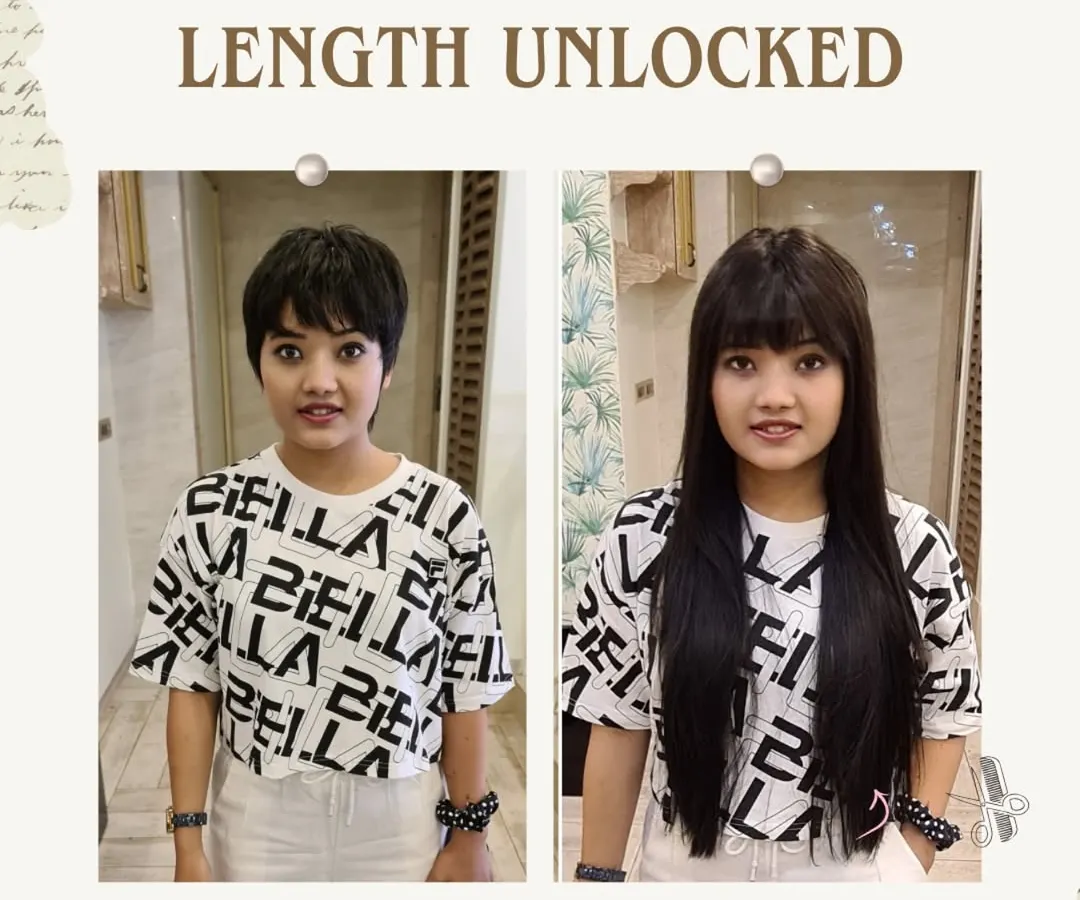 Proof that you don't have to wait for your hair to grow out. This client went from a chic short cut to long, flowing hair in a single session, completely changing her look while keeping it natural.