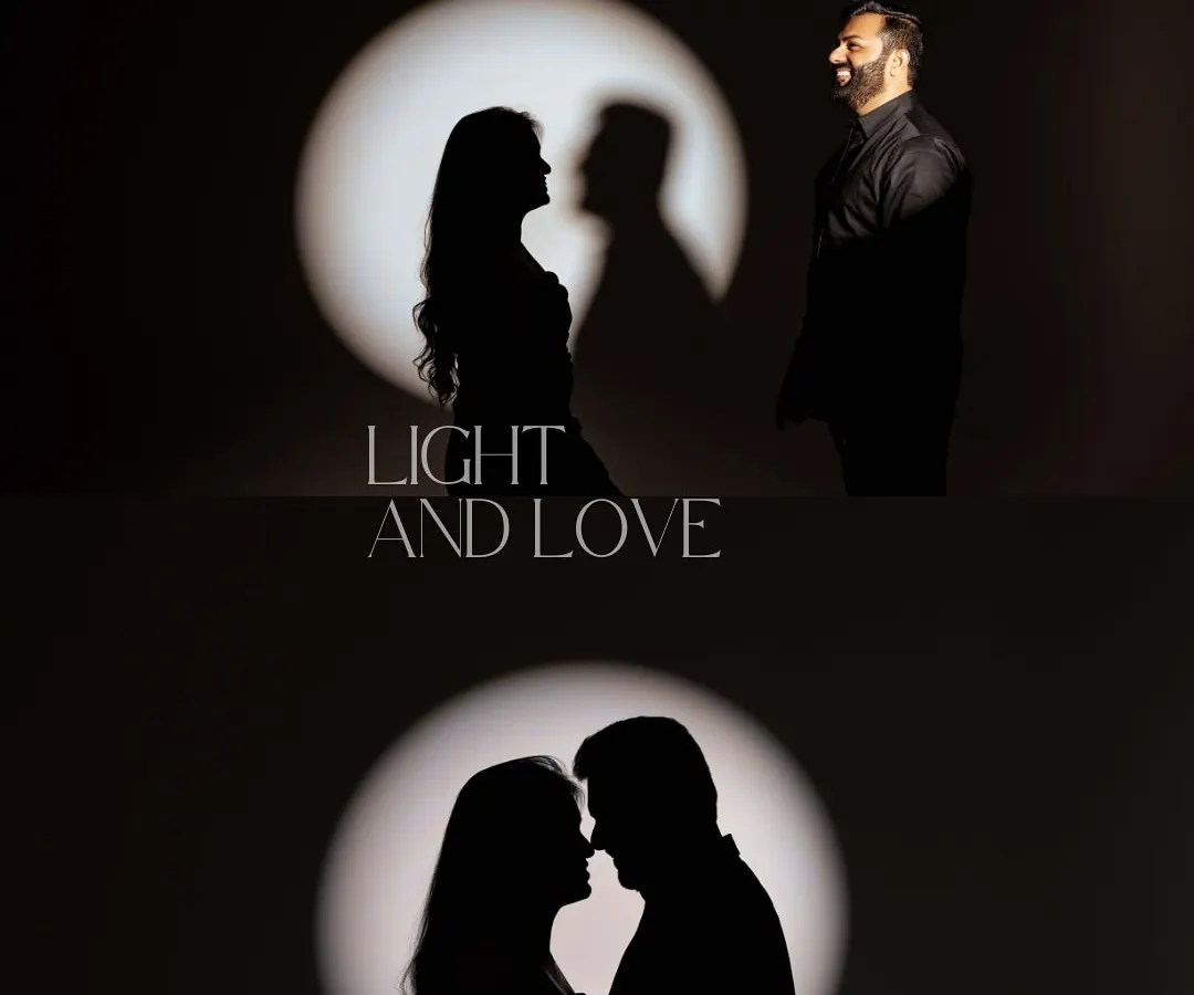 A creative silhouette portrait of a couple in the studio. I use dramatic lighting techniques like this to create artistic and modern images that focus purely on your connection and form.