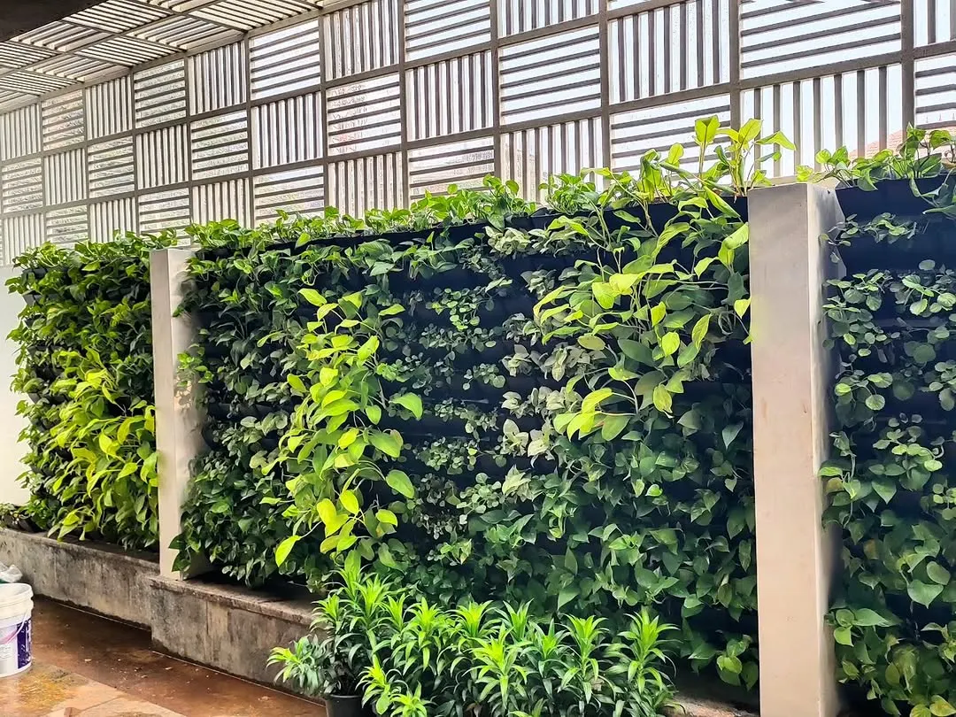 A look at one of our custom vertical garden installations. This living wall adds a massive burst of lush greenery without taking up any floor space, acting as both a natural air purifier and a dynamic piece of art.
