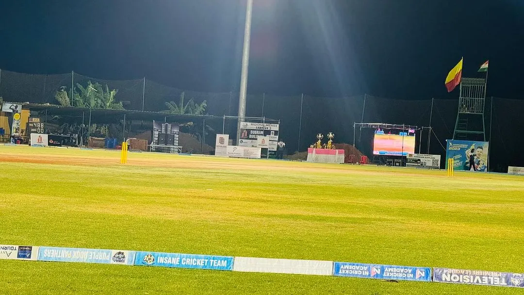 Our grounds are equipped with high-quality floodlights, making night tournaments and evening practice sessions possible. This image shows our complete setup for a professional night match, including player tents and a presentation stage.
