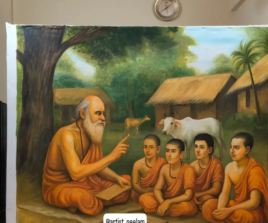 A finished 6x7 feet painting titled 'Ayurveda knowledge from Acharya'. This piece is perfect for institutions like schools or wellness centers, capturing the serene moment of knowledge being passed from a guru to his disciples in a traditional Gurukul.