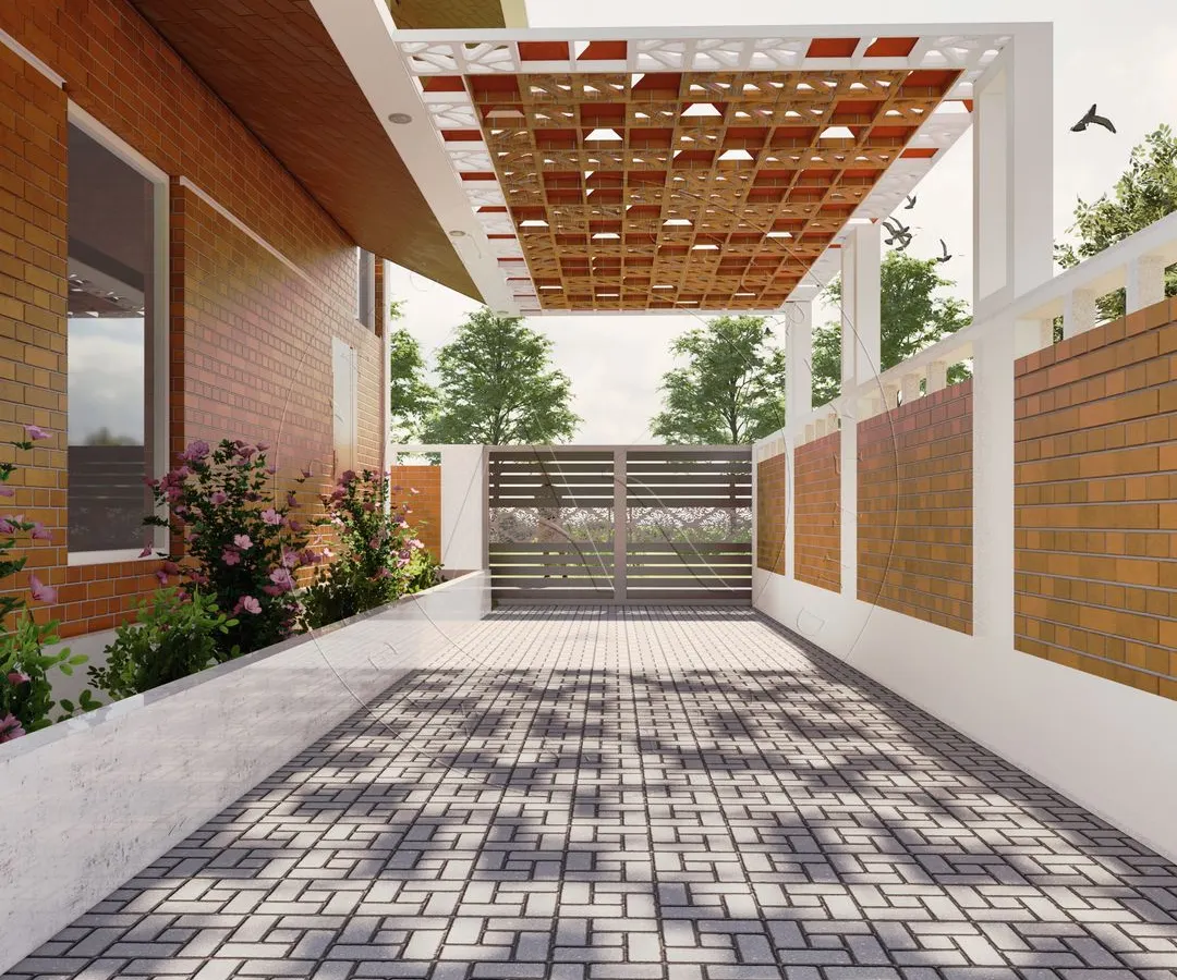 We believe in creating moments of magic. This Jaali shadow driveway uses a traditional perforated screen to cast intricate patterns of light and shadow, turning a functional driveway into a dynamic art installation that changes throughout the day.