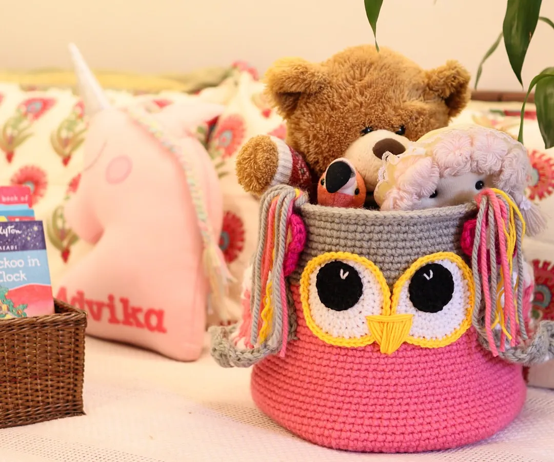 Here is my sturdy Owlie Basket, one of my most loved creations for children's rooms. It's perfect for tidying up a little one's favorite stuffed animals, books, and toys, adding a touch of playful organization to their space.