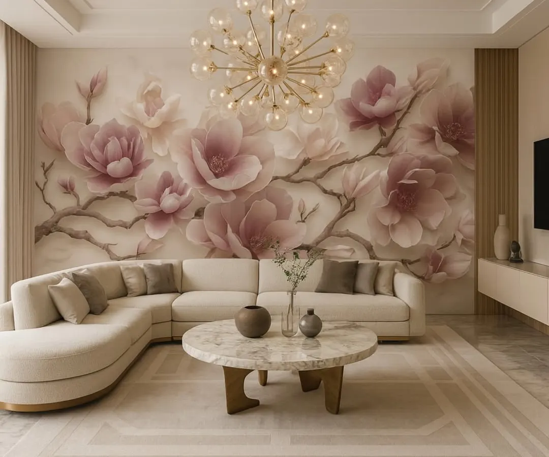 A perfect example of how our 3D floral murals can soften a modern living room. This design features large, embossed pink flowers on a subtle background, creating a serene and sophisticated atmosphere that feels both grand and inviting.