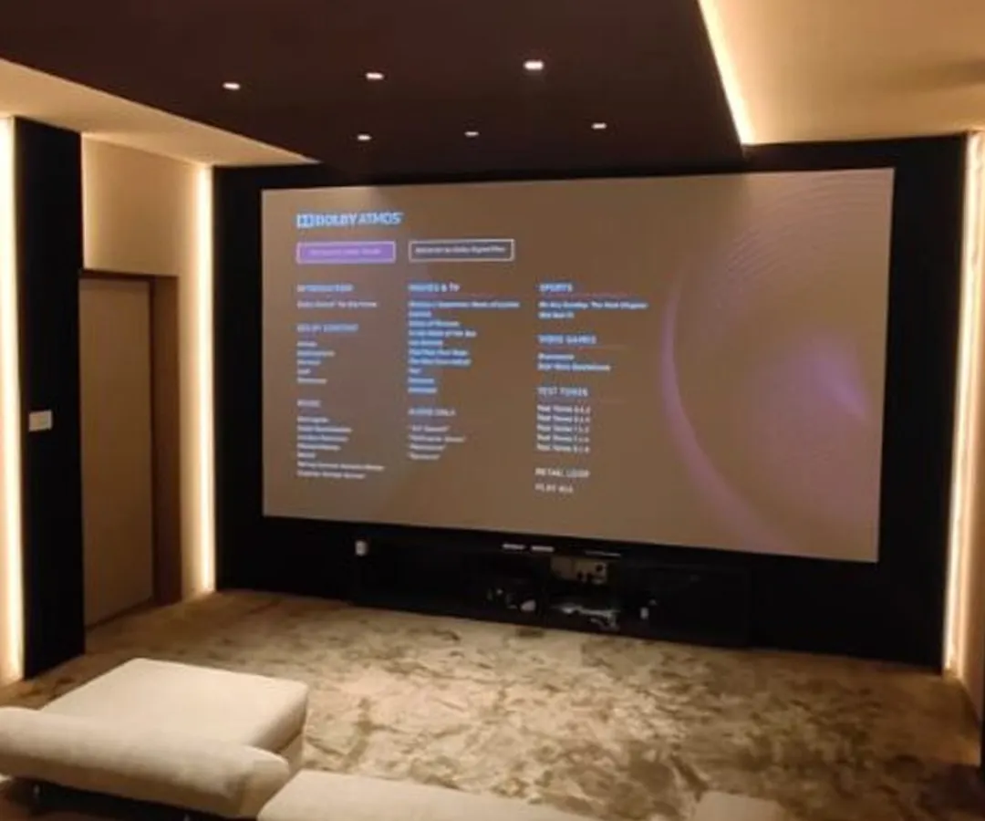 A glimpse into a bespoke personal cinema I recently completed. Notice the clean lines, the large acoustically transparent screen, and the integrated Dolby Atmos setup. The goal is always to create an immersive experience that feels like a natural part of your home.