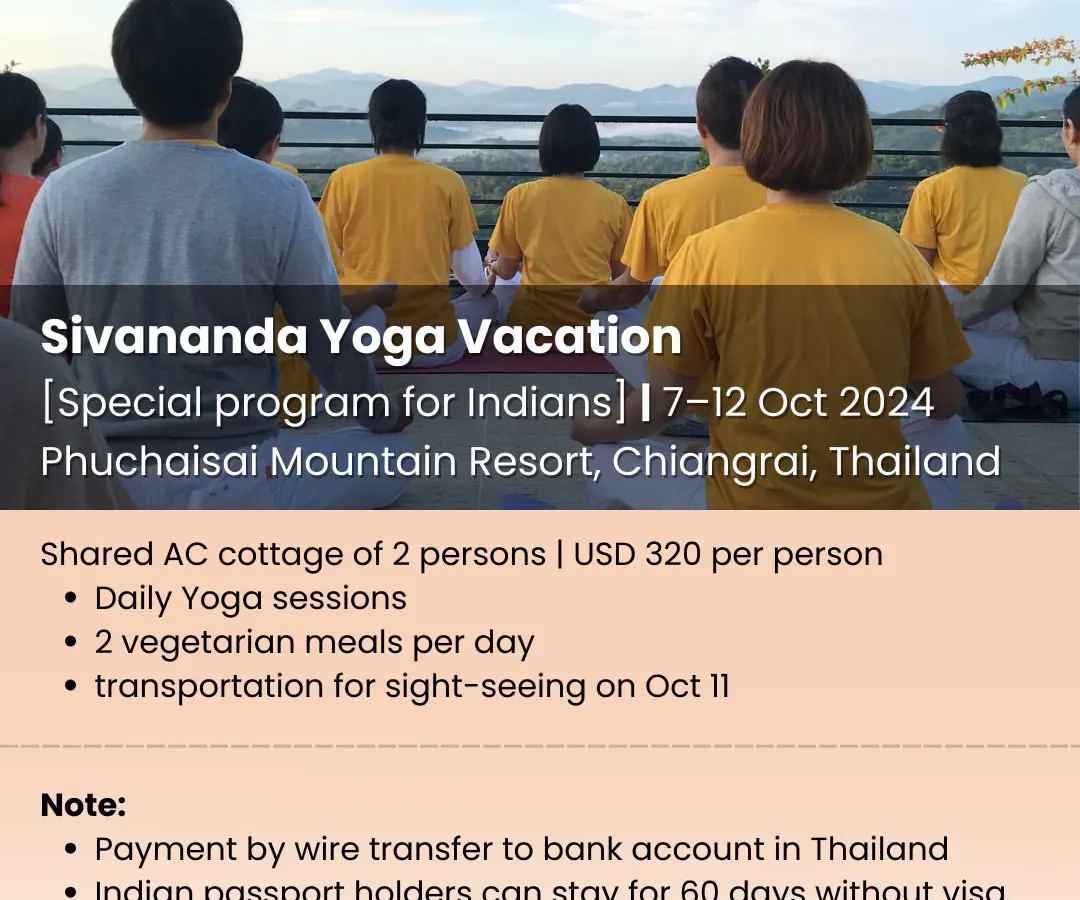 This image announces my upcoming Sivananda Yoga Vacation in Chiang Rai, Thailand, a special program designed for a complete reset. You can see our group practicing asanas together, overlooking the serene Phuchaisai mountains. This retreat is an opportunity to immerse yourself in daily yoga, pranayama, and meditation, suitable for all experience levels. The program includes shared accommodation, two daily vegetarian meals, and time for local sightseeing, offering a holistic wellness experience that nurtures your mind, body, and soul.