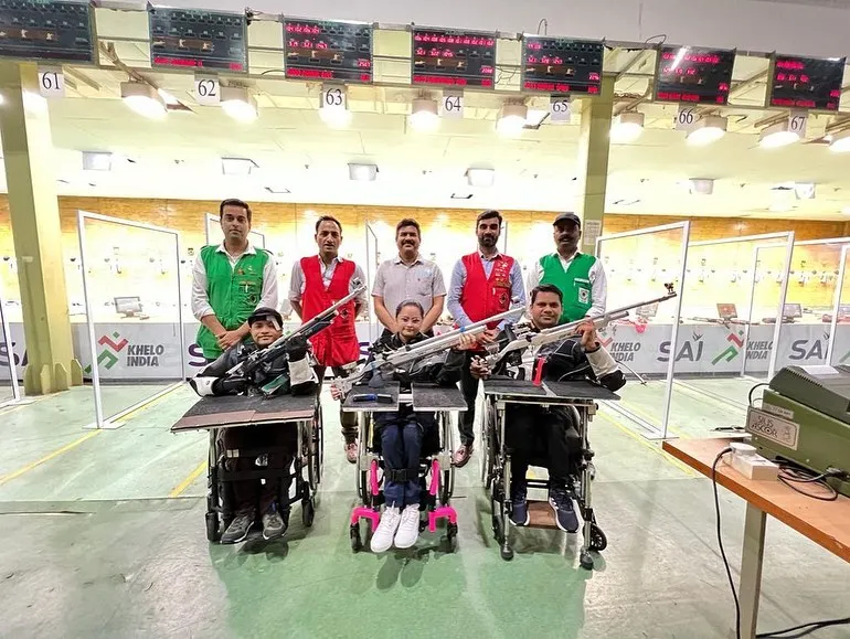 Here we are at the Dr. Karni Singh Shooting Ranges for selection trials. We ensure our para-athletes, including wheelchair shooters, have the best equipment and support to perform at their peak.
