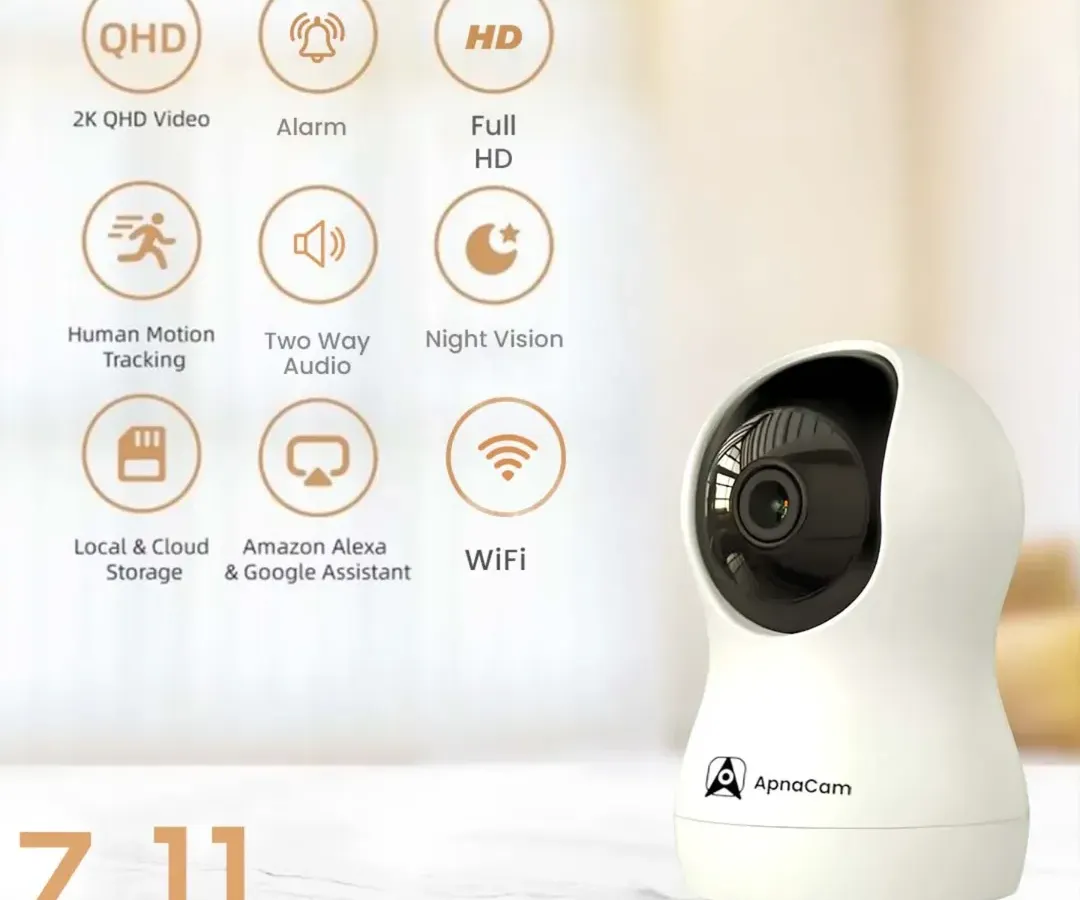 Meet the Z11, our most popular indoor camera. This graphic highlights its key features like 2K QHD video, human motion tracking, and two-way audio, making it an all-in-one solution for keeping an eye on your home or office.